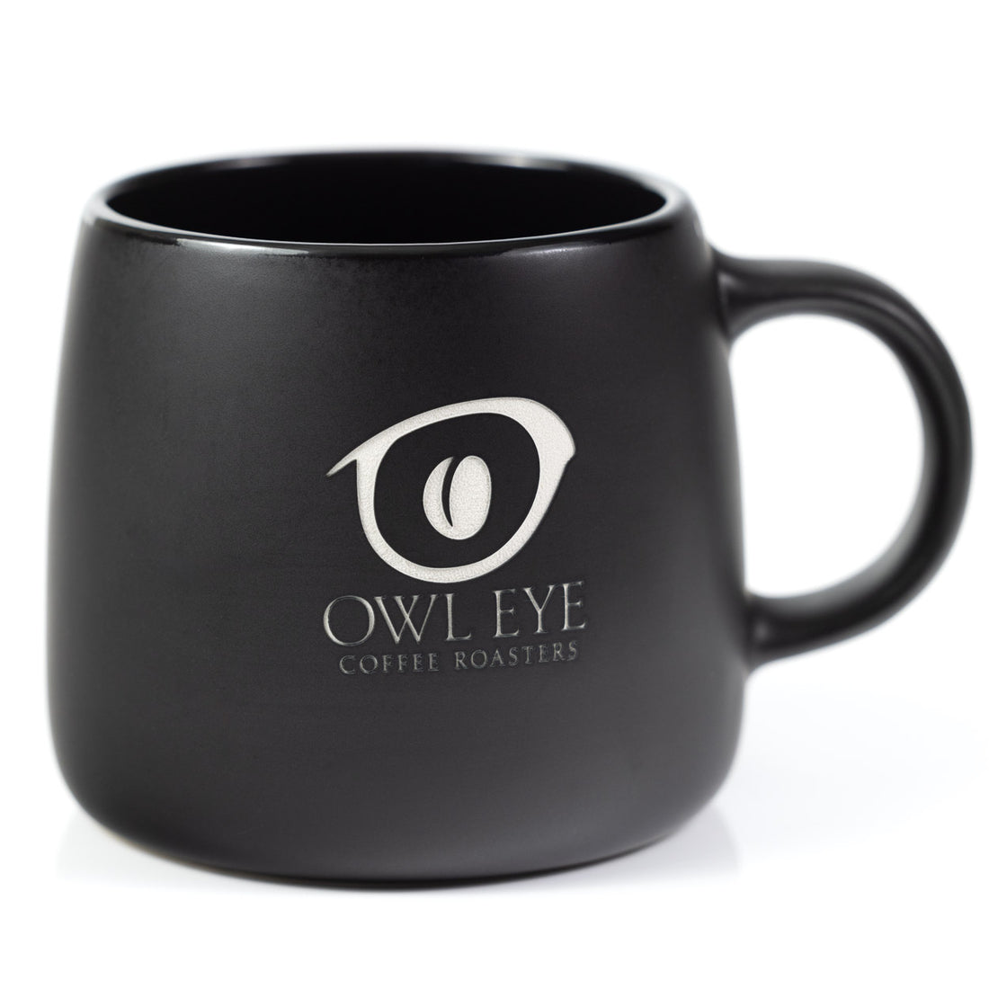 Matte black ceramic Owl Eye Coffee mug with etched logo