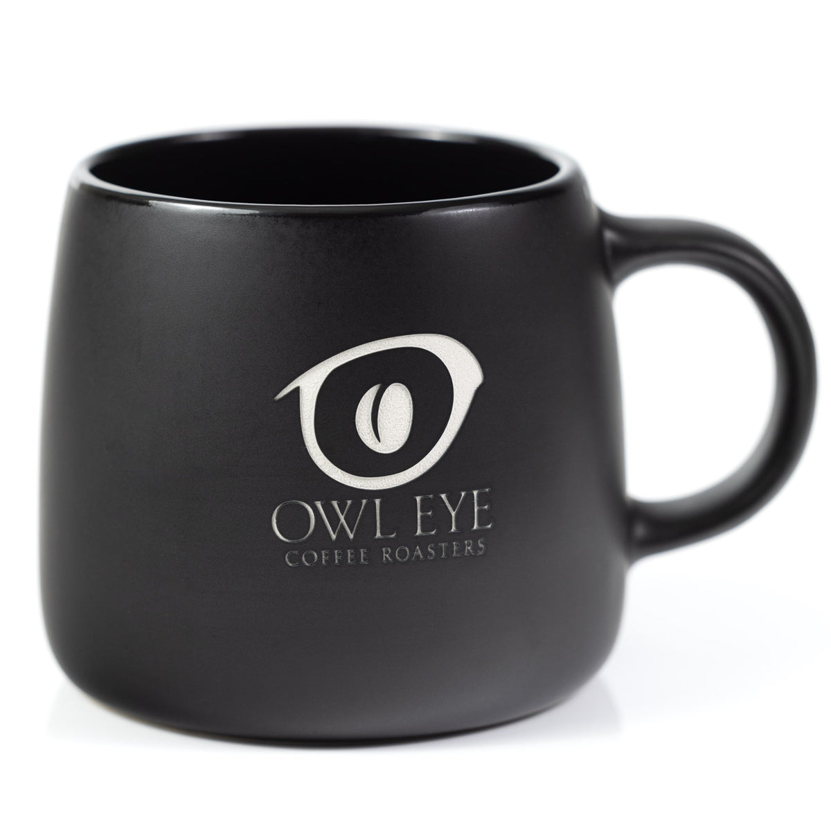 Matte black ceramic Owl Eye Coffee mug with etched logo