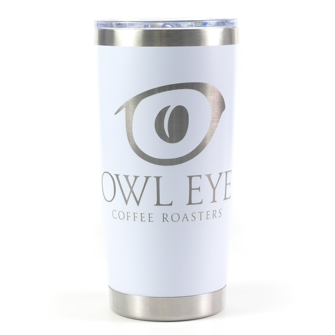 White insulated Owl Eye Coffee mug with clear lid and engraved logo