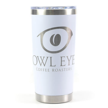 White insulated Owl Eye Coffee mug with clear lid and engraved logo