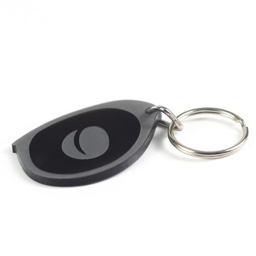Black Owl Eye Coffee keychain with engraved coffee bean on a split key ring