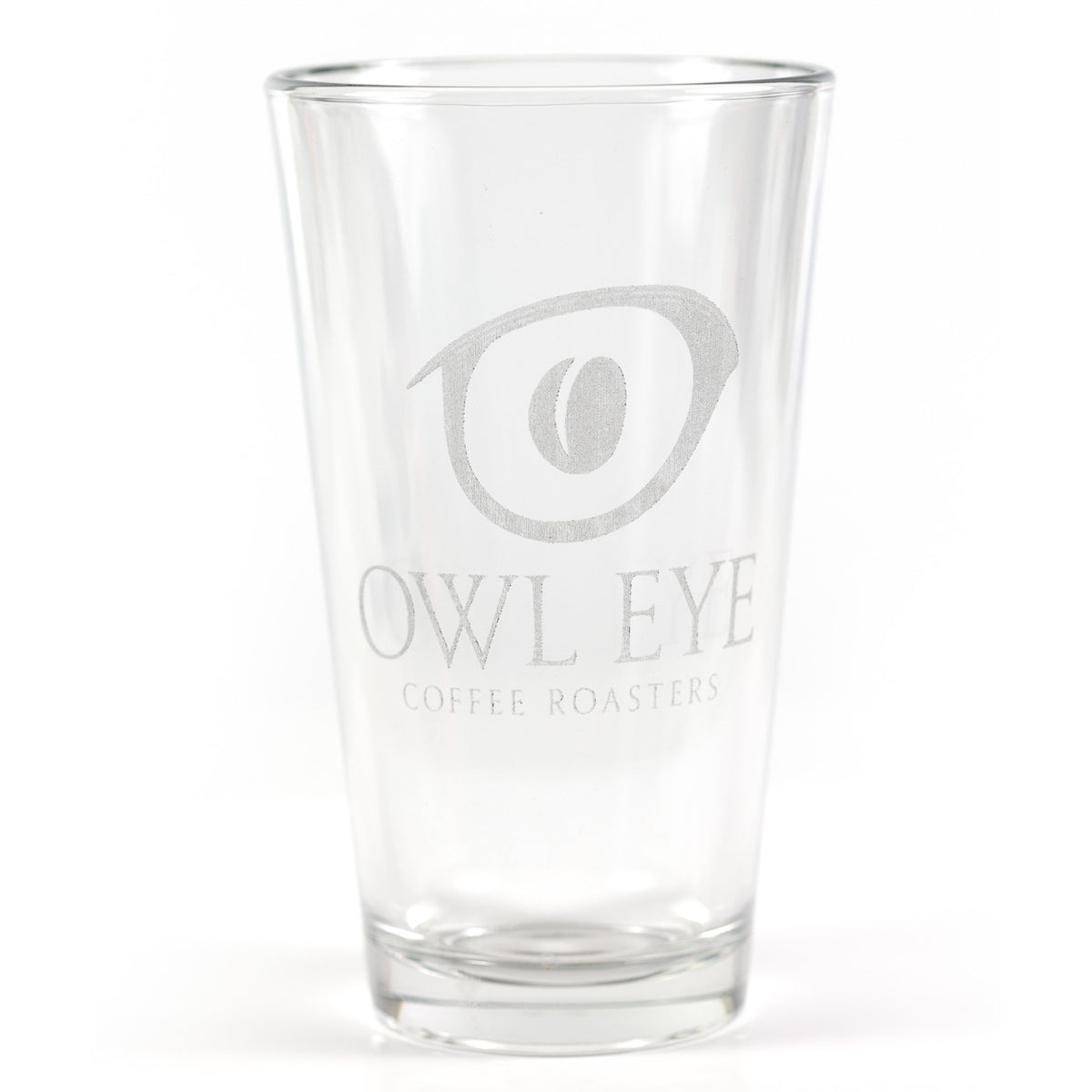 Clear pint glass etched with the Owl Eye Coffee Roasters logo